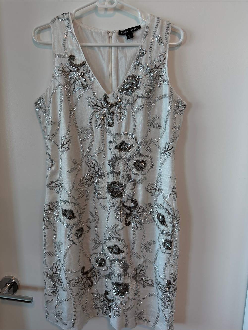 Boston Proper White Dress with Silver Sequin Floral Embroidery